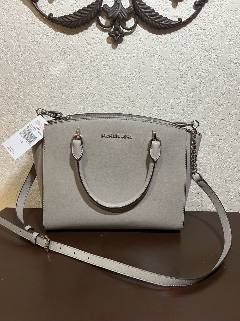 Michael Kors Light Grey Leather Satchel with Crossbody Strap